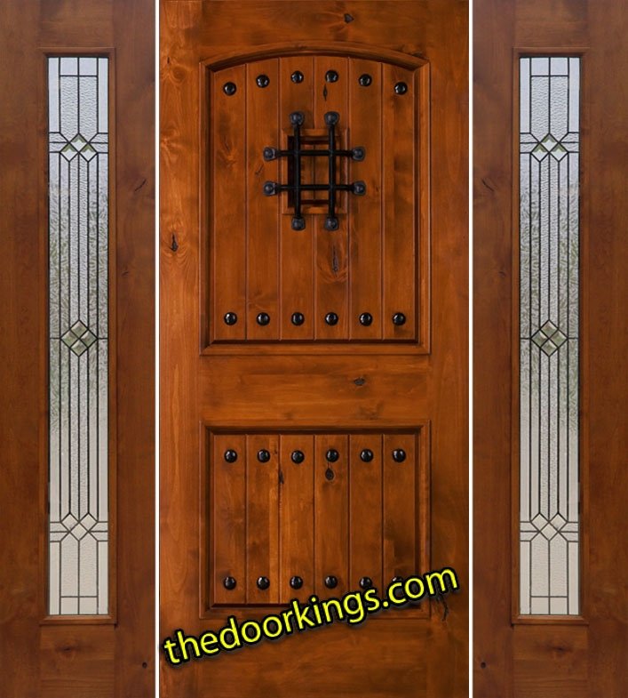 sw70 knotty alder wood door with two builder patina sidelites